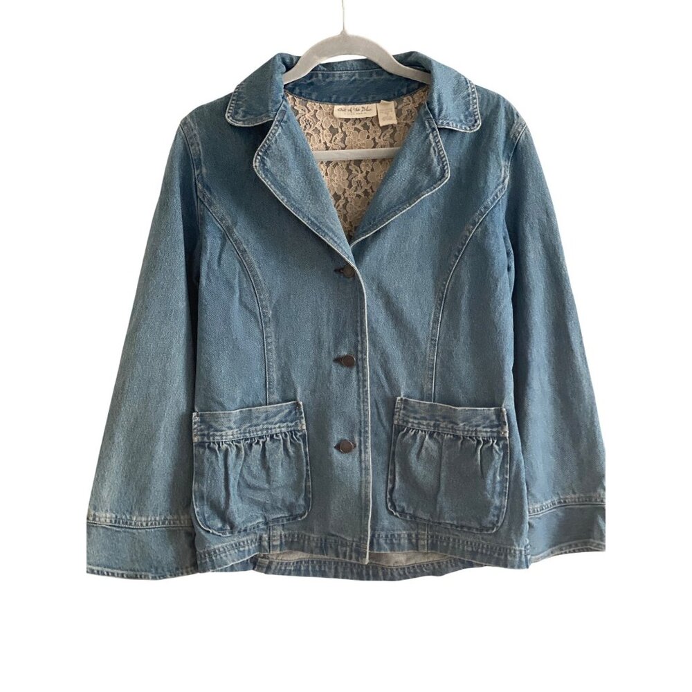VTG JJill Out of the Blue Denim Jacket Button Down Front Waist Pockets Ruffle S